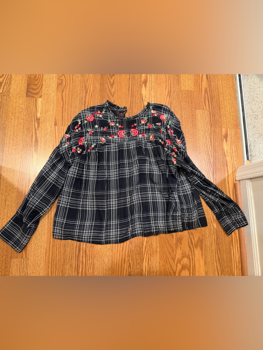 Zara Black Plaid Long-Sleeve Blouse with Red Floral Embroidery